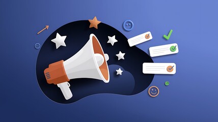 A megaphone announces positive feedback, goals, and success, visualized with stars and checkmarks.