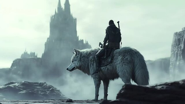 Man riding enormous wolf toward dark castle under gloomy sky with ominous atmosphere and epic adventure
