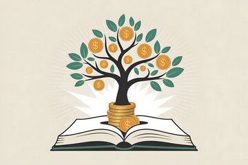 Money tree growing from an open book symbolizes financial literacy and wealth generation through knowledge.