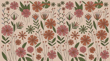 A delightful array of stylized flowers and leaves in muted orange and pink hues on a beige background.
