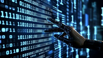 A robotic hand reaching towards a digital screen filled with binary code, symbolizing advanced technology and innovation - Powered by Adobe