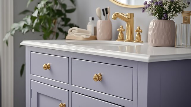 A modern bathroom vanity features a sink and faucet with accessories