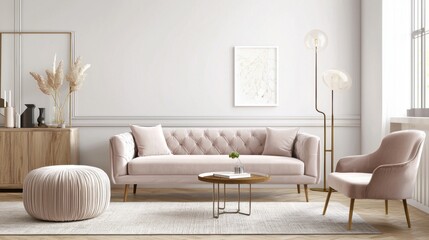Pastel Scandinavian modern living room, powder velvet tufted sofa, matching soft pouf, neutral rug, airy feel