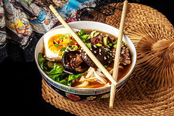 ramen, makaron, azja, bulion, jedzenie, wołowina, posiłek, obiad, jarzyna, dania, wieprzowina, lunch, salada, przepyszny, zdrowa, cebula, swiezy, grzyb © yanek