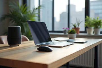 Fototapeta premium Modern Minimalist Office Desk with High Tech Gadgets and Cityscape View