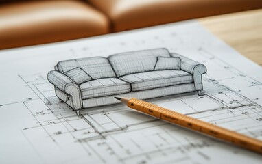 Close-up of a ruler and pencil on a technical drawing of a sofa, precise measurements, bright, even lighting, neutral background, sharp focus on the drawing