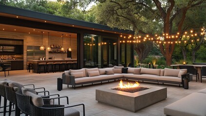Designing a Luxurious Outdoor Patio:  Creating a Tranquil Backyard Oasis with Fire Pit and Bar