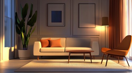 Scandinavian evening room, milk corner sofa, terracotta chair, dark shadows, warm accent lighting, moody interior, ambient lights, dramatic contrast