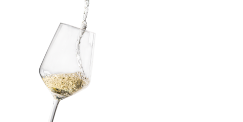 A close-up of white wine being poured into a glass, isolated on a white background. The splash and flow of the liquid capture a dynamic moment.
