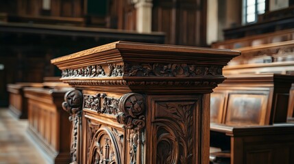 A vintage podium with intricate carvings in an old lecture hall