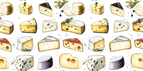Assorted cheese watercolor seamless pattern on white background