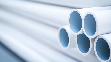 White plastic pipes stacked together, showcasing their smooth surfaces and circular openings. image conveys sense of order and