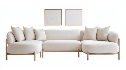 Scandinavian living room, linen tone rounded modular sofa, framed minimal line art, natural materials, pastel palette