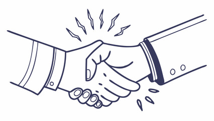 Simple line drawing of two hands with lightning symbols around them for business agreement blogs, partnership announcements and deal making illustrations.