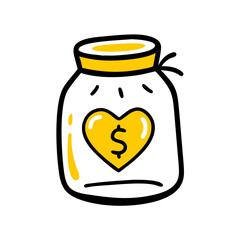 A black outline icon of a jar with a heart enclosing a dollar sign for charity drives, fundraising campaigns, and donation appeals