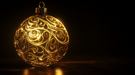 golden christmas ornament with intricate pattern, festive holiday decoration on dark background