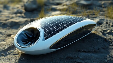 A futuristic solar-powered cooling device, designed to be worn as a personal air conditioner,