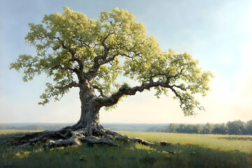Majestic Tree Dominating Verdant Field Under Open Sky in Rural Countryside Setting