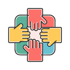 Obraz premium vibrant icon showing four colorful hands joined in a circle, representing teamwork, unity, or diversity, ideal for collaboration platforms, community blogs, or inclusive design.