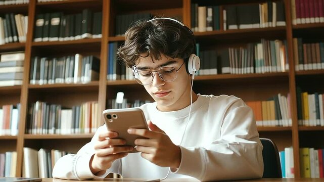 Student practicing Spanish phrases in a quiet library corner