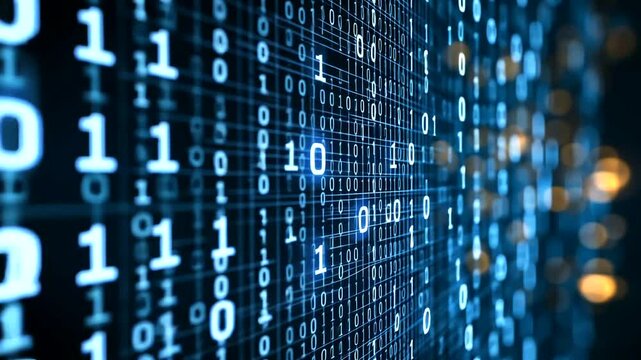 Abstract digital data stream with binary code flowing in a futuristic environment, illuminated by soft lights
