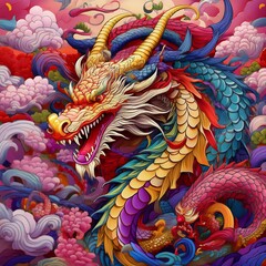 Obraz premium Majestic oriental dragon in fantasy style, immersed in swirling clouds and vibrant colors. The work depicts a dragon with a serpentine body, blue and purple scales, golden horns and a flowing mane