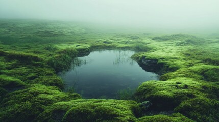 atmospheric foggy moor, vibrant green mosses, small pond, cinematic view through the moorland, 4k resolution 