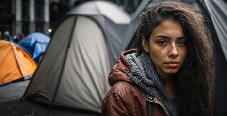 close-up portrait in an urban encampment, a young woman's gaze amidst the tents, the stark reality of homelessness