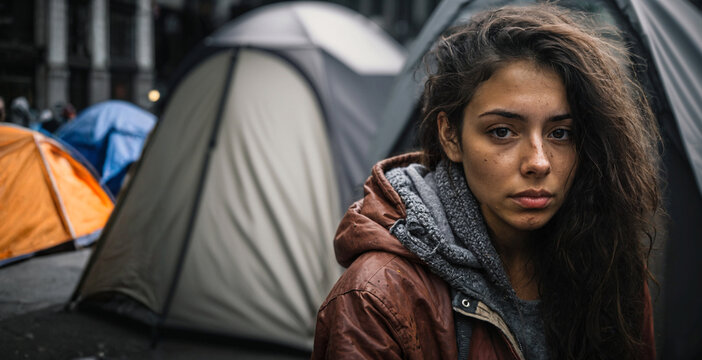 close-up portrait in an urban encampment, a young woman's gaze amidst the tents, the stark reality of homelessness