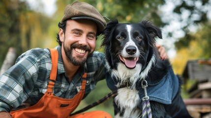 A smiling Border Collie dog wearing a tool suit is sitting next to his owner to help him fix something. The theme of the picture is Labor Day.
