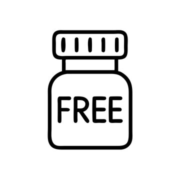 Black contoured bottle icon with the word &lsquo;FREE&rsquo; written on it for pharmaceutical company promotions, free sample offers and health related websites advertising free products.