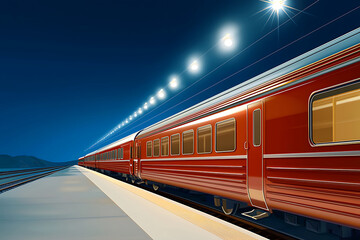 Fototapeta premium vibrant red train stands at modern station under bright lights, creating striking visual at night