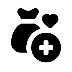 Fototapeta premium Black outline money bag icon with medical cross and heart,dollar sign for healthcare funding websites,medical charity blogs and healthcare funding illustrations.