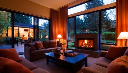 Fototapeta premium Modern living room at night with fireplace and backyard view. Possible use Stock photo for interior design magazine