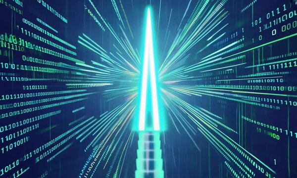 Neon line point going up on blue green background. Bright beams. Binary code moving in a cyberspace.  Digital technology speed connect  internet network connection, Ai big data.
