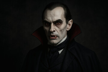 Fototapeta premium Menacing vampire portrait with glowing eyes and sharp fangs