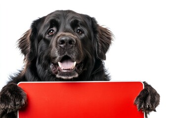 Obraz premium Isolated dog on a solid apparel pure white background. Ð¡ute adult dog newfoundland hold in front paws a concept - large red way sign. Dog sign mockup. Dog on white ad. Studio pet for campaig.