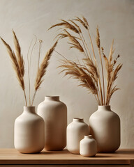 Naklejka premium A stylish, minimalist shelf featuring neutral-toned ceramic vases in different organic shapes, elegantly arranged with dried pampas grass and delicate dried flowers