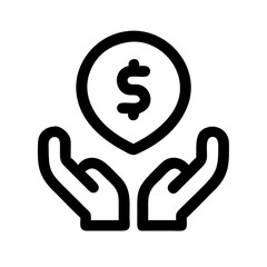 Hand, heart, dollar sign, line art. Symbolizes financial giving, charity, or investment in causes. Ideal for fundraising, finance, and social impact content.