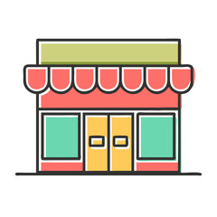 Colorful cartoon icon of a shopping mall or retail store front for shopping, retail or commercial real estate related websites or apps.