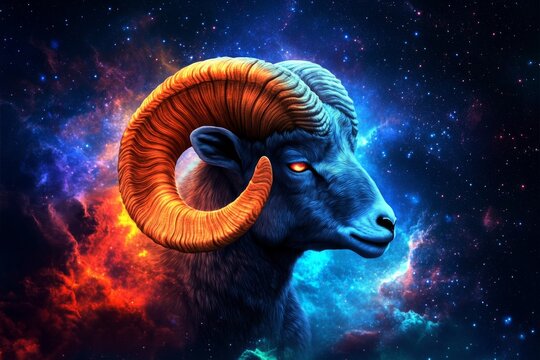 Dreamy digital illustration of ram's head in profile under starry night sky with vibrant colors, evoking awe and wonder