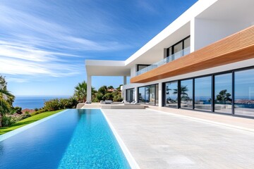 A modern house with a pool, The house features white walls and wooden details, a roof terrace overlooking the sea