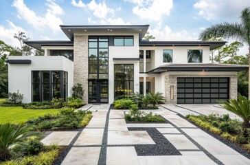 a modern white and gray house with stone accents featuring palm trees, clean lines, a concrete driveway