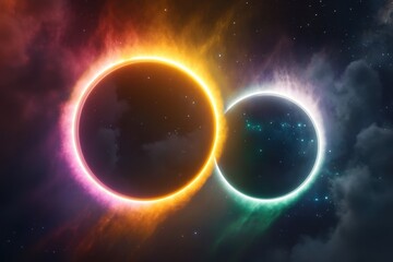 Obraz premium Celestial event showcasing two glowing orbs in a cosmic setting with vibrant hues and darkness