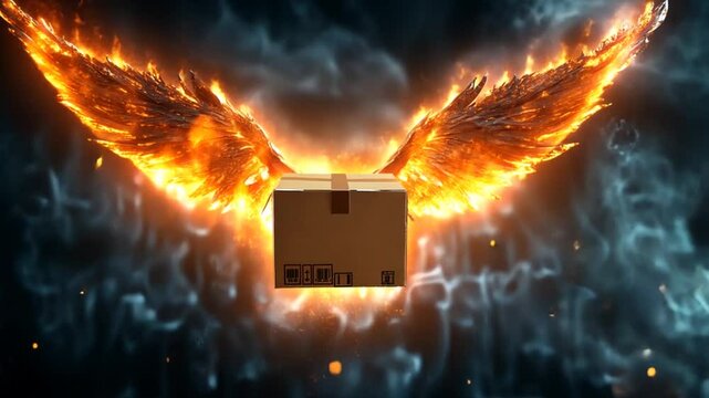 Fiery package delivery; wings of fire; fast shipping; package in flames; digital art