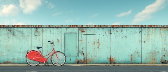 Red bicycle against a teal, rusted wall under a blue sky with wispy clouds