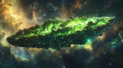 Luminous green nebula in space.