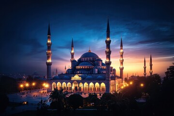 Obraz premium Breathtaking sunrise over istanbul's blue mosque capturing famous landmarks architectural beauty tranquil environment and iconic views of cultural heritage