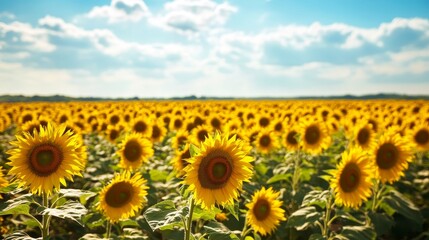Fototapeta premium Expansive sunflower field under a clear blue sky, golden petals dancing in the gentle breeze