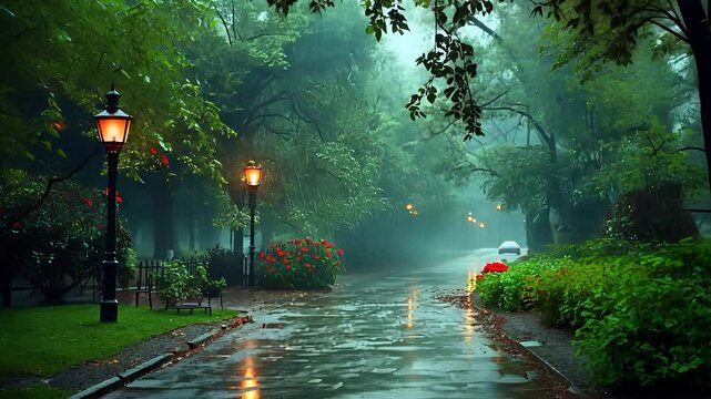 Rainy Street with Lush Green Trees, Lamp Posts, and Reflections on Wet Pavement


